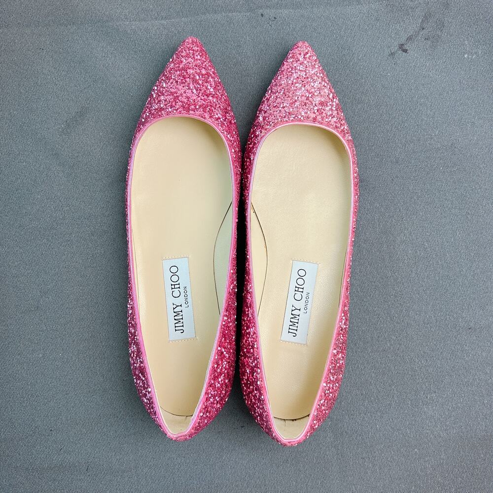 NEW! Jimmy Choo Alina Coarse Glitter Pointy Toe Ballerinas Dragon Fruit